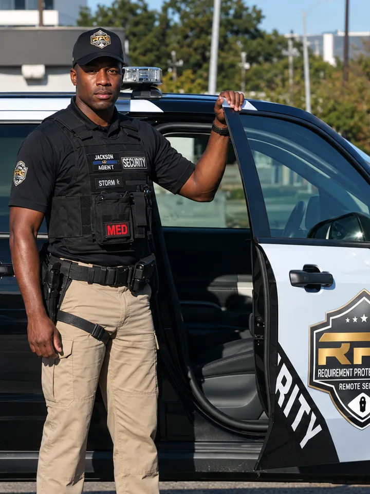 Black security patrol SUV parked on a tree-lined city street at dusk