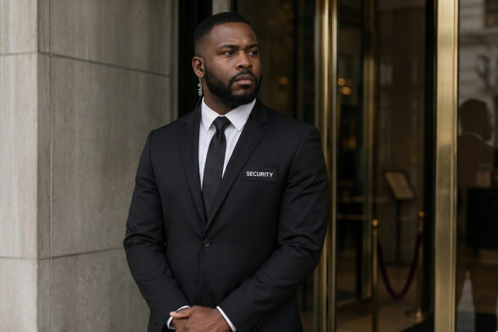 "Professional executive protection agent from Resurgent Protection Group standing guard at a high-end venue entrance, wearing a black suit and earpiece."